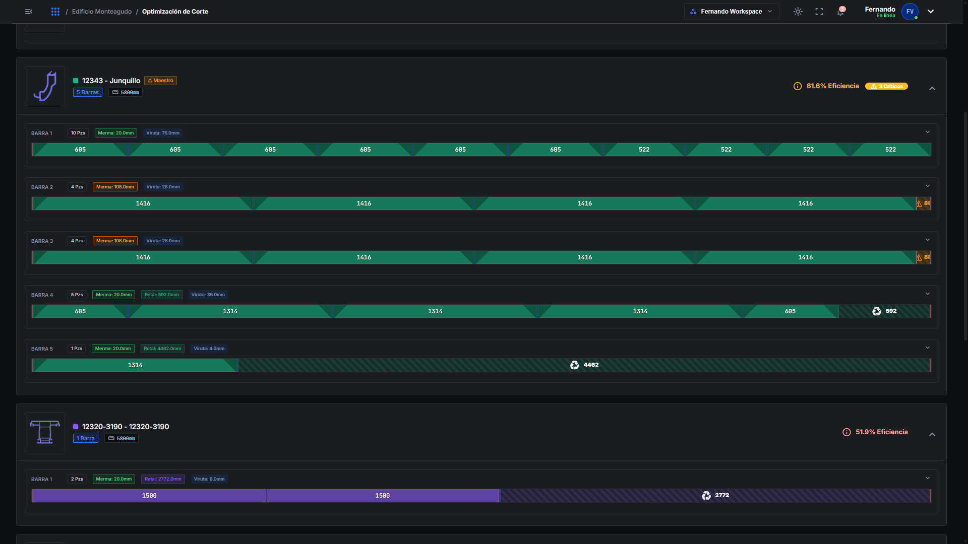 Plan de corte de barras en el optimizador de BLITZ